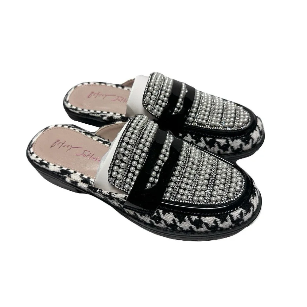NEW Betsey Johnson Ronin Womens Size 7 Pearl Embellished Houndstooth Mule Loafer